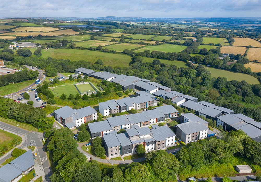 Aerial view of Glasney Village student accommodation at Penryn Campus