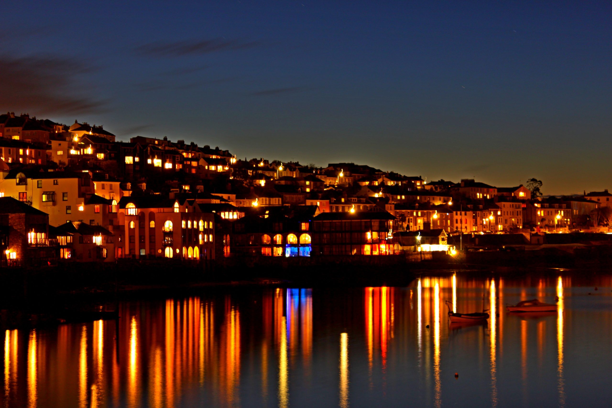 Nighttime view of Falmouth across the harbour