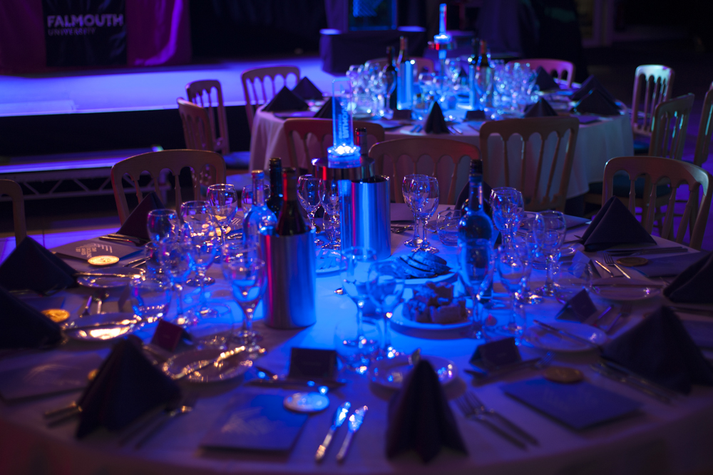 Table set for an awards event at Falmouth campus