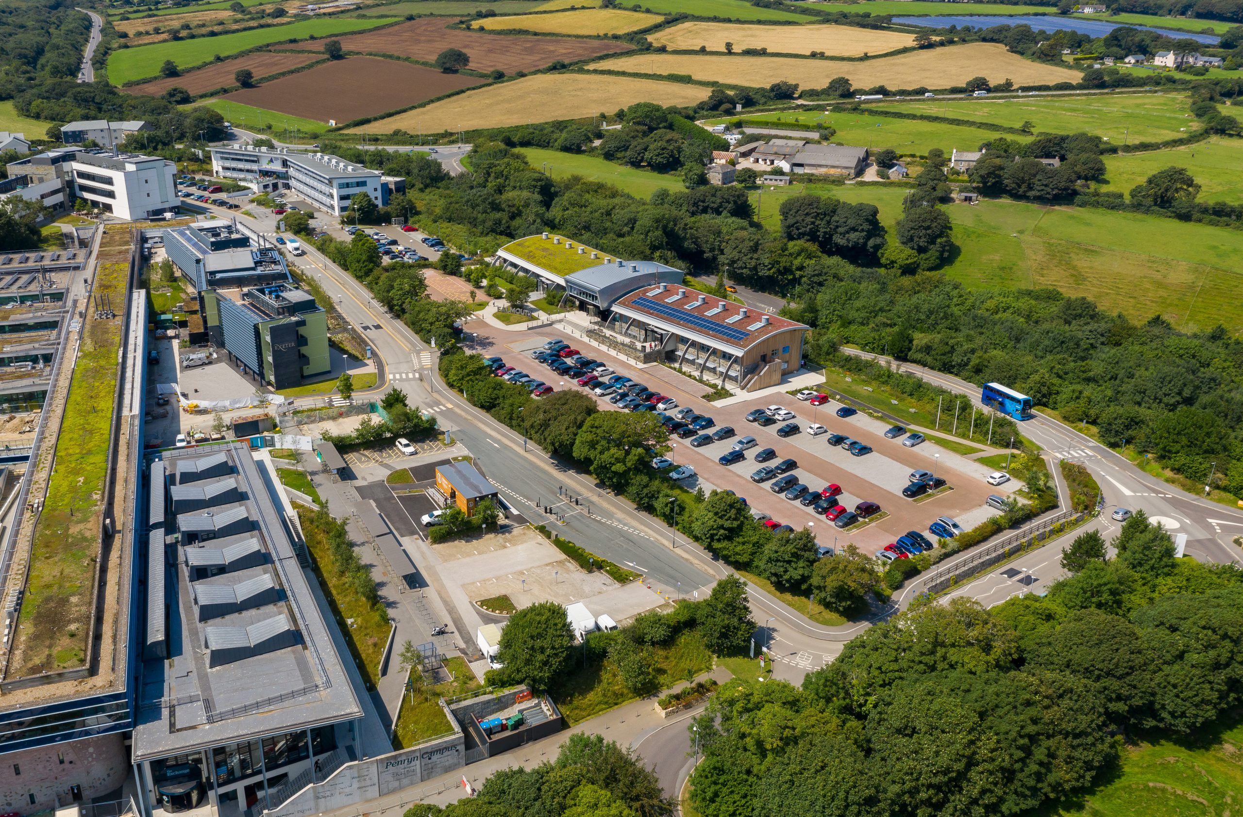 Aerial shot of Penryn Campus including Exeter's Stella Turk building