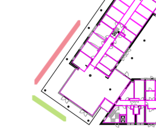 Image of ESI building and the corner marked red and green where the positioning of the work may take place.