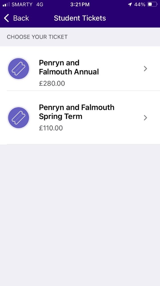 A screen shot of step 6 within the First Bus app where you need to select the Penryn and Falmouth Spring term bundle.