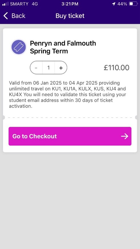 A screen shot of step 7 within the First Bus app where you can purchase the Penryn and Falmouth Spring Term bundle.