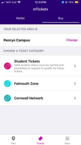 Screen shot of the First Bus app showing users to select 'Student Tickets', even if you are staff.