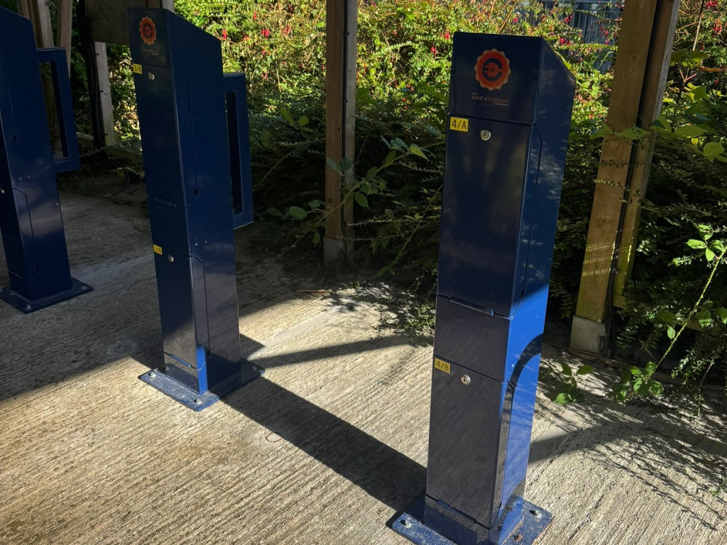 E-Bike charging stands with eight charging lockers available to be used at Glasney Village, outside Glasney View Block E, in the bike store on Penryn campus.