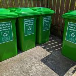 Image of four green waste bins in the bin store with signage saying mixed recycling.